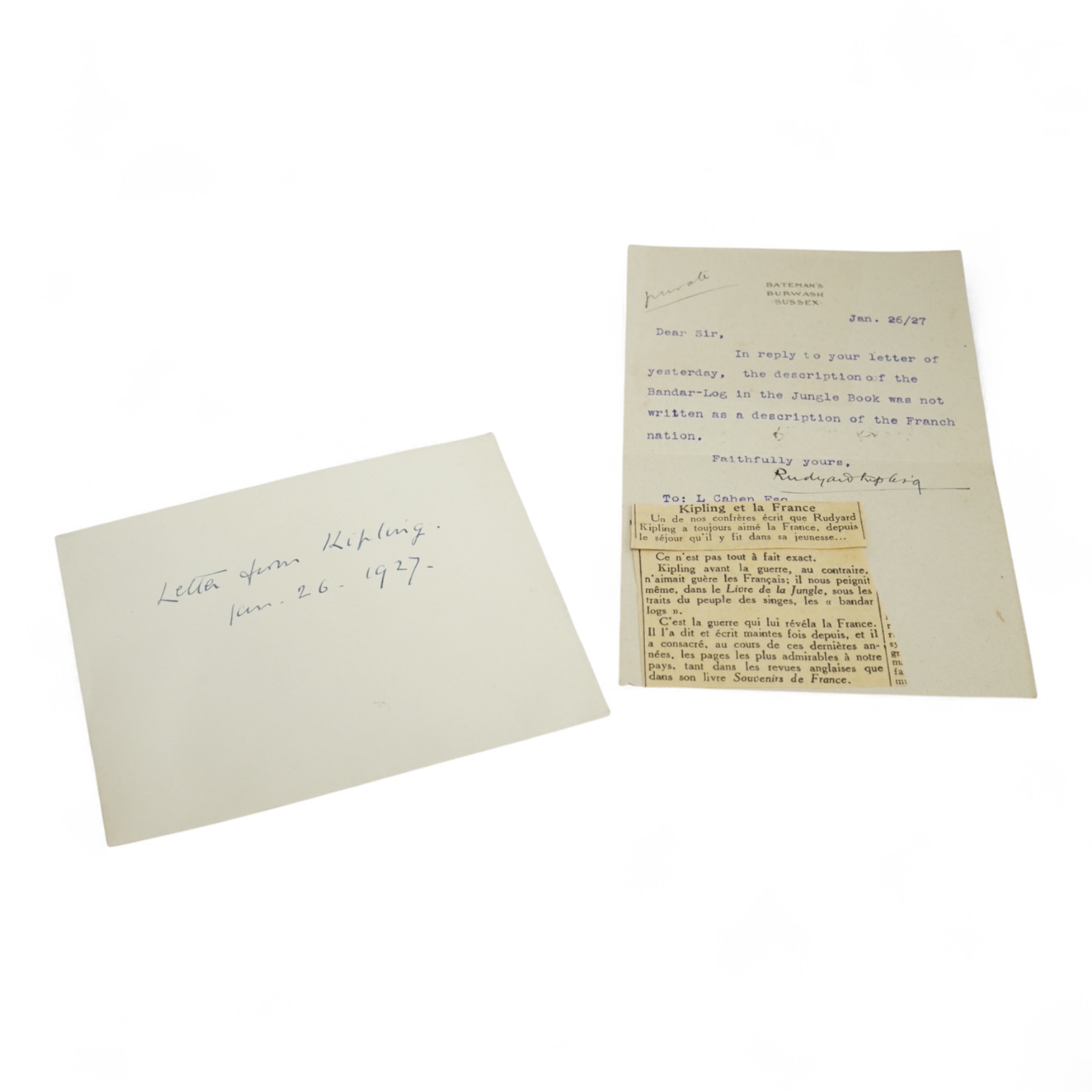 A Rudyard Kipling type written letter on Bateman’s, Burwash, Sussex headed notepaper, dated 26/27 January (1927), to L. Cahen Esq. with reference to the Jungle Book, reading
